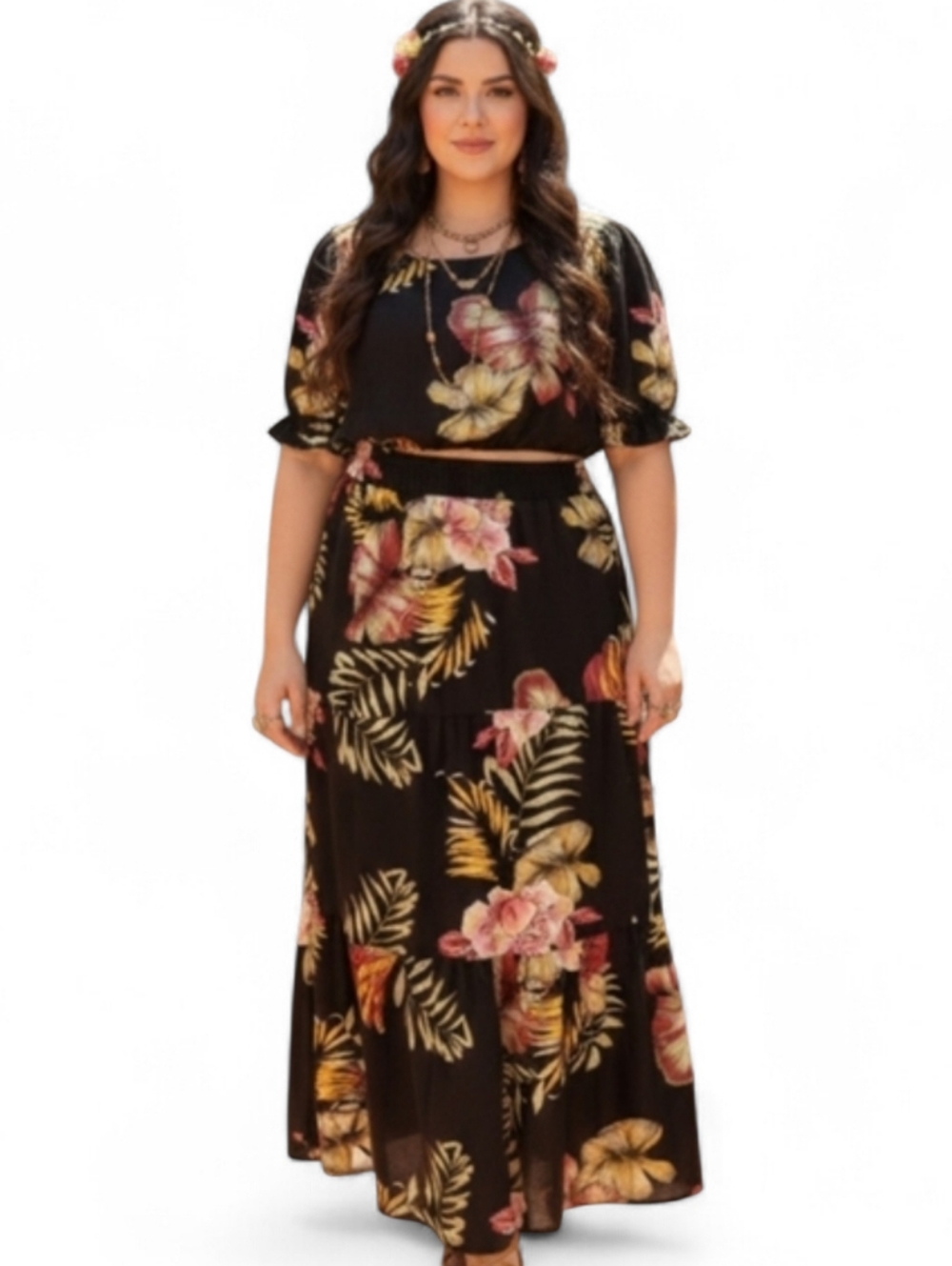 SHEIN Curve Tropical Floral 2PC Set - Crop Top & Tiered Maxi Skirt 2XL